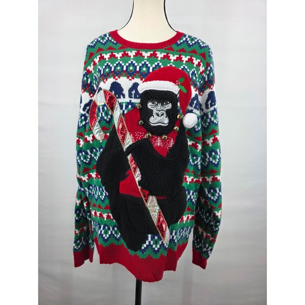 Holiday Time Mens Christmas Sweater Gorilla Santa Hat Jingle Bells Large 42-44